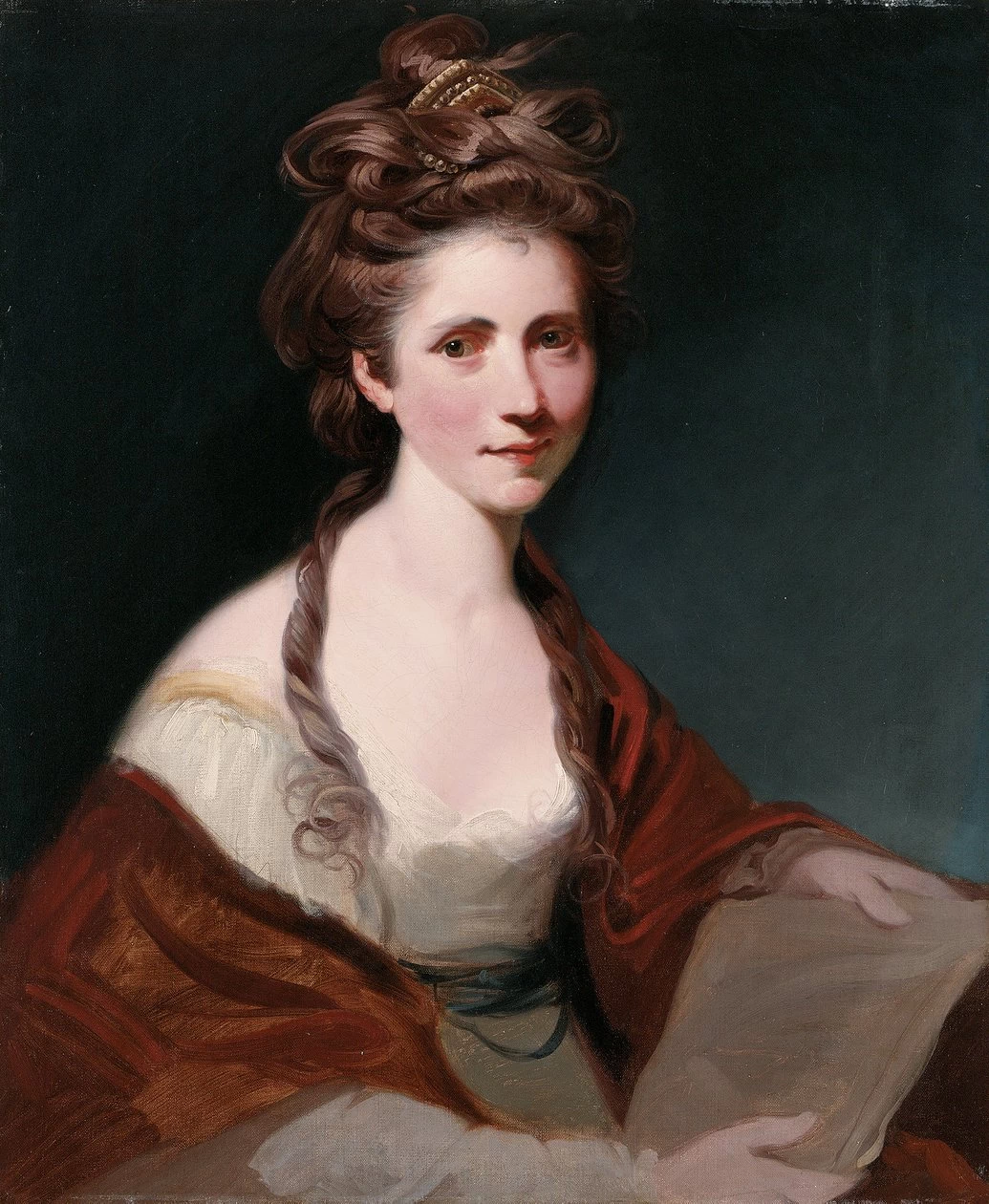 Ritratto di Angelica Kauffmann, mezzo busto in bianco con uno scialle rosso